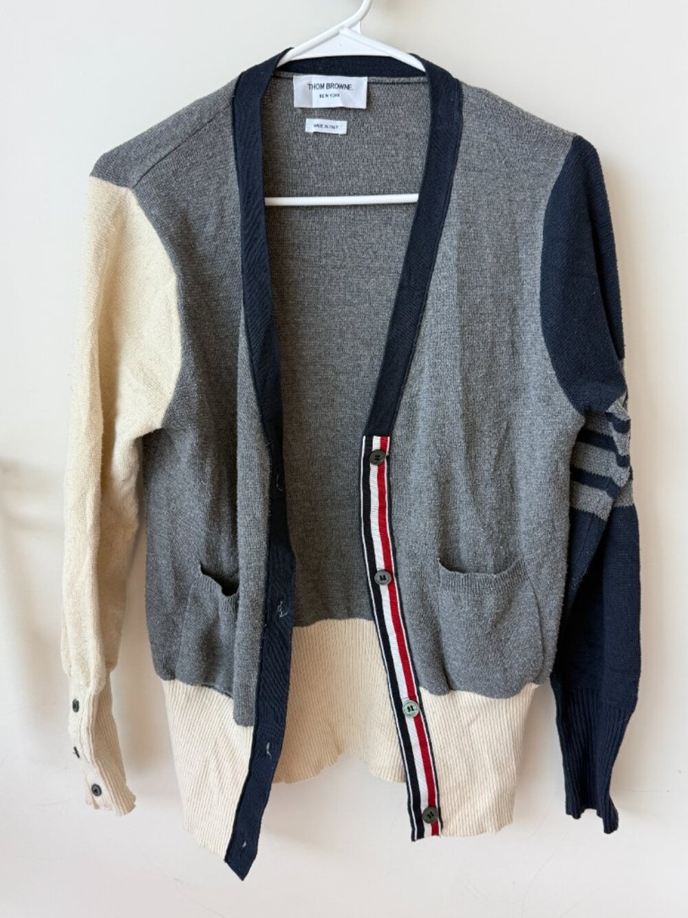 Thom Browne Colorblock Wool Cardigan Gray Navy Ivory RWB Stripe Size 3